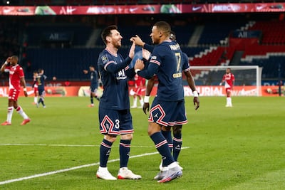 Lionel Messi, left, and Kylian Mbappe during their time together at Paris Saint-Germain. Getty Images