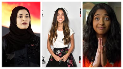 From left: Sarah Al Amiri, Olivia Rodrigo and Maitreyi Ramakrishnan all made the Time 100 Next list. EPA, AFP, Netflix