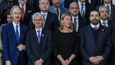 UN Special Envoy to Syria Geir Pedersen, UN Under-Secretary-General for Humanitarian Affairs and Emergency Relief Coordinator, Mark Lowcock, EU foreign policy chief Federica Mogherini and Lebanon's Prime Minister Saad Hariri during the third Brussels conference on supporting Syria and the region, on March 14, 2019. AFP