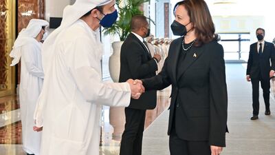 US Vice President Kamala Harris offers condolences to Sheikh Abdullah bin Zayed, UAE Minister of Foreign Affairs and International Co-operation, following the death of Sheikh Khalifa. All photos: Ministry of Presidential Affairs