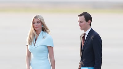 Ivanka Trump, wearing a light blue high-collared Safiyaa dress, and Jared Kushner arrive at Osan Airbase in South Korea on June 29, 2019. Getty Images