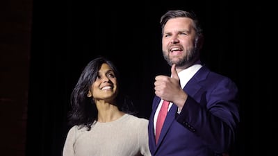 Ohio Senator JD Vance takes to the stage with his wife Usha during a rally in his home town of Middletown, Ohio, in July. AP