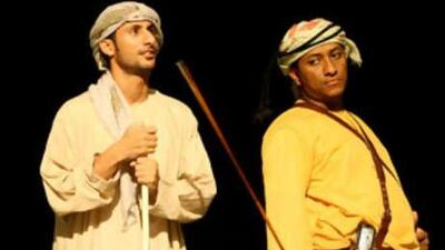 Left to Right, Saeed Al sheryani playing the father and Mohamed Al dahri who plays Manaa in the opening scene in the play Al fazaa in the Dubai Youth Festival at the Cultural and Scientific Association in Al Mamzar Dubai.