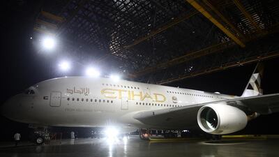Etihad Airways’ first Airbus A380 with the Facets of Abu Dhabi livery. The Abu Dhabi carrier has an order for 10 A380s and will take delivery of four in 2015. Lee Hoagland / The National