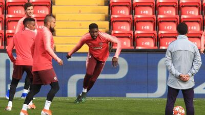 Barcelona defender Samuel Umtiti takes part in training at Anfield ahead of the Uefa Champions League semi-final, second leg against Liverpool. AFP