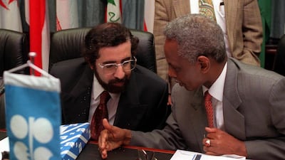 Obaid bin Saif, President of the Opec conference, with Opec Secretary General Rilwanu Lukman before the group's meeting in Vienna, June 1998. EPA
