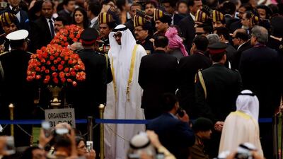 Sheikh Mohamed bin Zayed, Crown Prince of Abu Dhabi and Deputy Supreme Commander of the Armed Forces, arrives for India's 68th Republic Day celebrations in New Delhi on January 26. Money Sharma / AFP