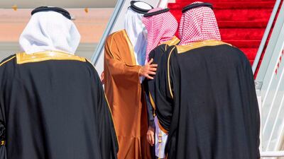 Crown Prince Mohammed bin Salman welcoming Emir of Qatar Tamim bin Hamad Al-Thani upon his arrival in the city of al-Ula. AFP