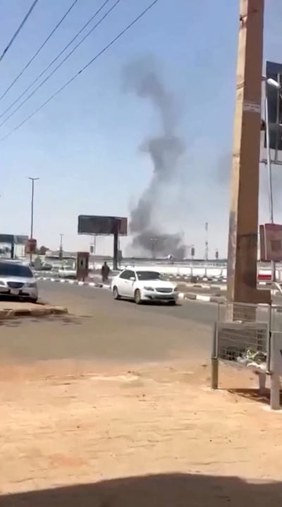 Smoke rises following a May 4 drone attack at Khartoum airport that was blamed on the Rapid Support Forces. Reuters