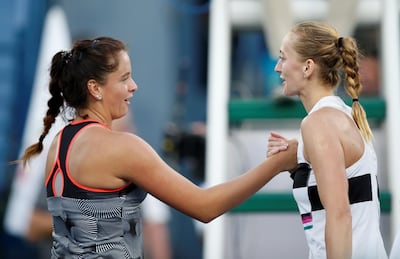 Petra Kvitova, right, proved too strong for Viktoria Kuzmova in Dubai on Thursday. Ali Haider / EPA