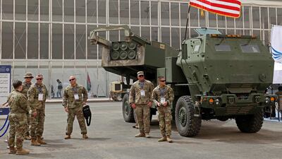 An M142 high-mobility artillery rocket system on display at the show. AFP