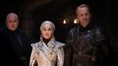 Conleth Hill (Varys), Emilia Clarke (Daenerys Targaryen) and Iain Glen (Jorah Mormont) in a scene from 'Game of Thrones', that aired Sunday, April 21, 2019. AP