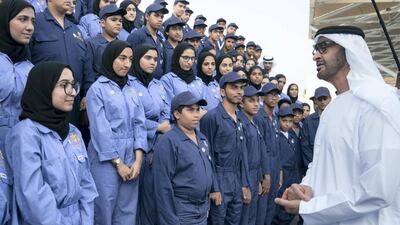 Sheikh Mohamed bin Zayed, Crown Prince of Abu Dhabi and Deputy Supreme Commander of the UAE Armed Forces, speaks with a group of Ministry of Education 'Giving Ambassadors', during a Sea Palace barza. Rashed Al Mansoori / Ministry of Presidential Affairs