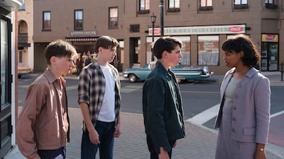 Luke Beattie, Redden Callaghan, Tom Hulshof and Taylour Paige in It: Welcome to Derry. Photo: HBO