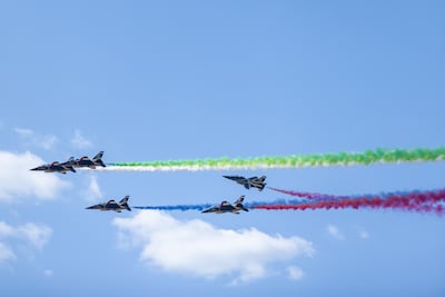 The UAE's Fursan Al Emarat aerobatics team at the Farnborough International Airshow on July 21. Bloomberg