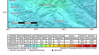 A handout photo made available by the United States Geological Survey shows the location of a magnitude 5.9 earthquake which struck at a depth of 10km, 57km northeast of Hastrud, Iran. EPA