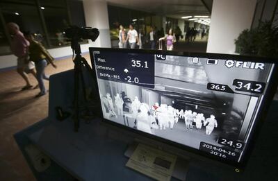 Passengers walk past a thermal scanner at the quarantine area in arrivals at Manila International Airport in the Philippines. Travel bookings to the southeast Asian country have dropped sharply according to Cleartrip. Courtesy Aaron Favila / AP Photo