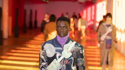 A delicate Japanese design covers this Etro bomber jacket for autumn / winter 2021. Courtesy Etro