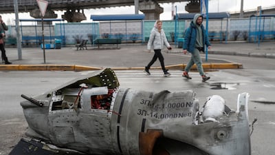 The wreckage of a missile at a bus terminal in Kyiv. Reuters