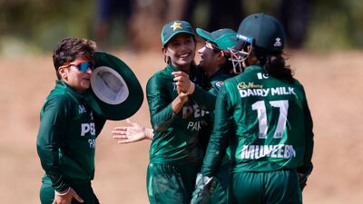Syeda Aroob Shah of Pakistan celebrates the wicket of UAE's Lavanya Keny