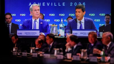 From left, Scott Bessent, US Treasury Secretary, and Kevin Warsh, Chairman of the Federal Reserve, attend a G20 plenary session in Asheville, North Carolina. Reuters