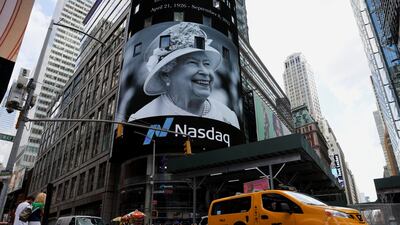 A tribute to Britain's Queen Elizabeth II appears on a Nasdaq hoarding in Times Square, New York, after she died aged 96. Reuters