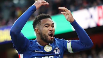 Chelsea's Reece James celebrates after his corner led to Arsenal scoring an own-goal. EPA