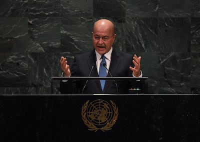Barham Salih, President of Iraq speaks during the 74th Session of the United Nations General Assembly in New York on September 25, 2019. AFP, file