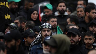 Supporters of Hamas and other Palestinian and Lebanese political factions gather during the funeral. Getty Images