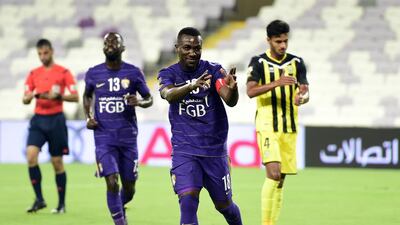 Ibrahim Diaky of Al Ain celebrates a goal against Kalba on Friday night. Photo Courtesy: Arshad Khan / Arabian Gulf League