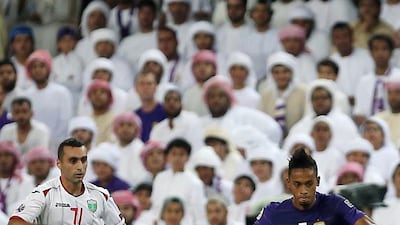 Al Ain's Caio tussles for the ball with Lokomotiv’s Gevorkyan Artur during the Asian Champions League quarter-final first leg on August 23, 20016 at Hazza bin Zayed Stadium in Al Ain. Ravindranath K / The National