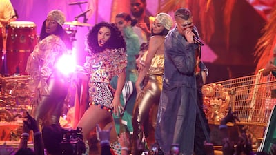 Cardi B, left, and Bad Bunny perform 'I Like It' at the American Music Awards on October 9, 2018 at the Microsoft Theatre in Los Angeles. AP Photo