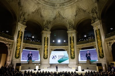 French President Emmanuel Macron delivers a speech at the AI Action Summit that he co-chaired with Indian Prime Minister Narendra Modi at the Grand Palais in Paris, on February 11, 2025. EPA