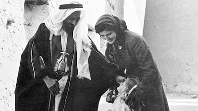 Sheikh Shakhbut greets Susan Hillyard and her daughter Deborah in Abu Dhabi in the winter of 1957. Courtesy Susan Hillyard