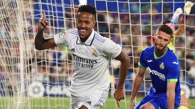 GETAFE, SPAIN - OCTOBER 08: Eder Militao of Real Madrid celebrates after scoring their team's first goal during the LaLiga Santander match between Getafe CF and Real Madrid CF at Coliseum Alfonso Perez on October 08, 2022 in Getafe, Spain. (Photo by Denis Doyle / Getty Images)