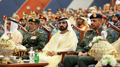 Sheikh Mohammed bin Rashid, Vice President and Ruler of Dubai, and Sheikh Saif bin Zayed, Deputy Prime Minister and Minister of Interior, attend the graduation ceremony for the 26th batch of the Joint Command and Staff College in Abu Dhabi on Tuesday. Wam