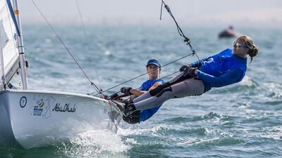 British pair Hannah Mills and Saskia Clark have two second-place finishes in the series but lead in Abu Dhabi by three points. Jesus Renedo / ISAF