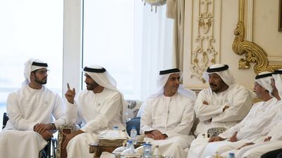 Sheikh Zayed bin Hamdan, Sheikh Nahyan bin Zayed, Chairman of the Board of Trustees of Zayed bin Sultan Al Nahyan Charitable and Humanitarian Foundation, Sheikh Saif bin Zayed, UAE Deputy Prime Minister and Minister of Interior and Sheikh Saeed bin Mohammed, attend a Sea Palace barza. Mohammed Al Hammadi / Crown Prince Court - Abu Dhabi