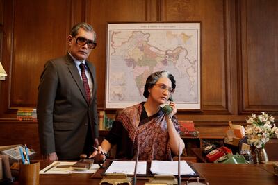 Denzil Smith as RN Kao, India's first chief of RAW, and Lara Dutta as former prime minister Indira Gandhi in 'Bell Bottom'. Photo: Pooja Entertainment