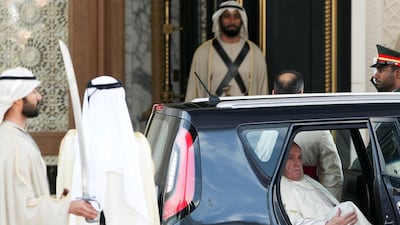 Pope Francis is seen upon arrival to a welcome ceremony at the Presidential Palace in Abu Dhabi, United Arab Emirates on Monday, February 4, 2019. Photo: Reuters