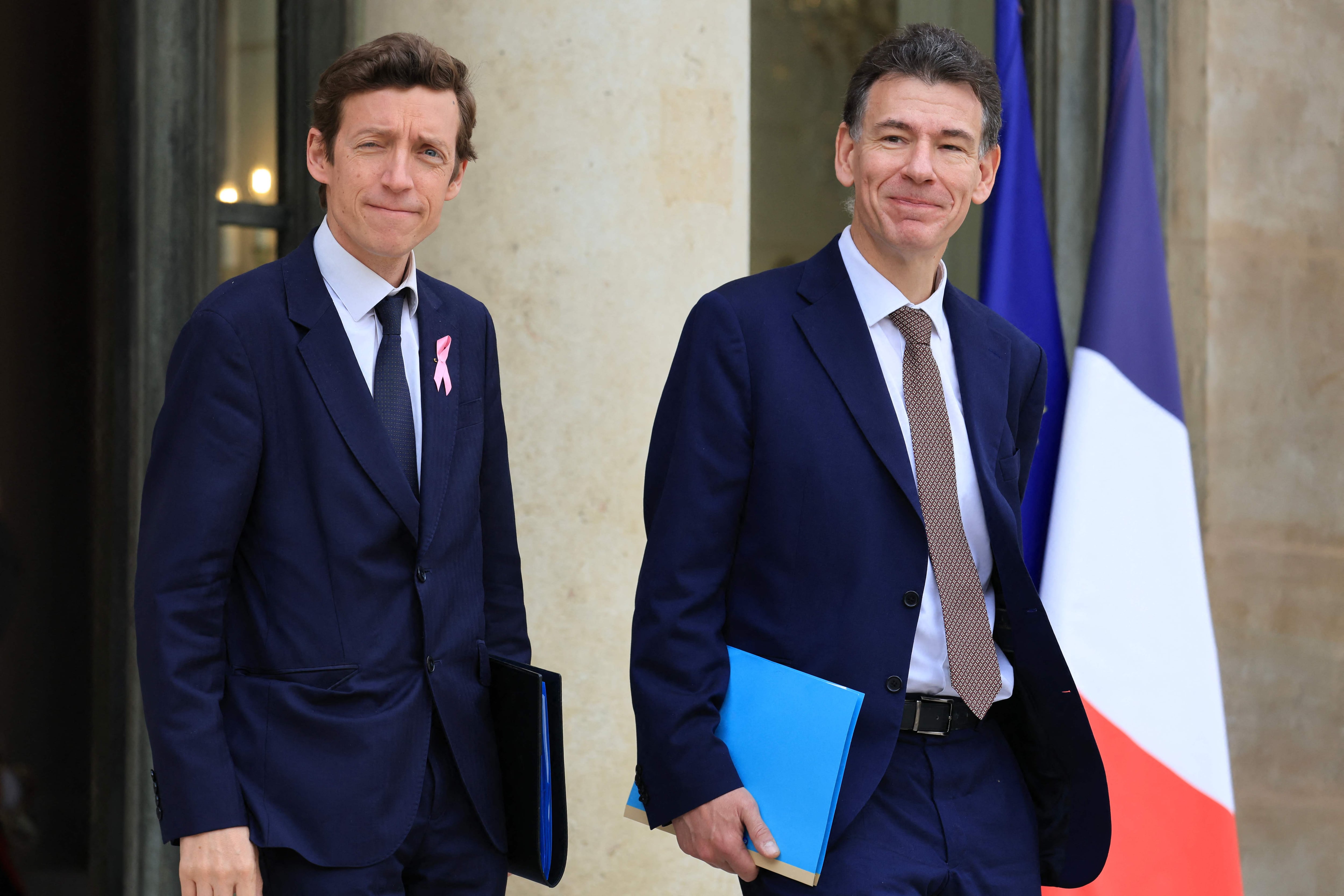 French Higher Education Minister Philippe Baptiste, right, with Education Minister Edouard Geffray. AFP