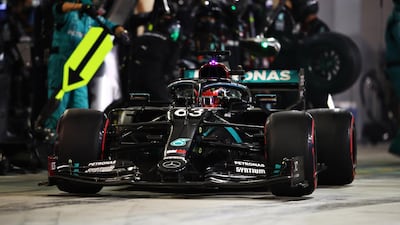 A disastrous pit stop from Mercedes cost George Russell likely victory at the Sakhir GP. Getty