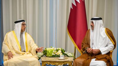 Sheikh Mansour bin Zayed, Vice President, Deputy Prime Minister and Chairman of the Presidential Court, with Sheikh Tamim, Emir of Qatar, in Sharm El Sheikh. Photo: UAE Presidential Court