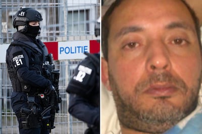 Police secure the area as suspects are taken to a high-security court in Amsterdam. Right, convicted drug cartel kingpin Ridouan Taghi. AP / Europol