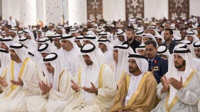 Sheikh Mohammed bin Zayed, Crown Prince of Abu Dhabi Deputy Supreme Commander of the UAE Armed Forces, attends Eid Al Fitr prayers at the Sheikh Zayed Grand Mosque. He his pictured here with Sheikh Mohammed bin Butti Al Hamed, right, Sheikh Saif bin Mohammed, second right, Sheikh Hazza bin Zayed, Vice Chairman of the Abu Dhabi Executive Council, second left, and Sheikh Saeed bin Zayed, Abu Dhabi Ruler’s Representative, left. Mohamed Al Hammadi / Crown Prince Court — Abu Dhabi