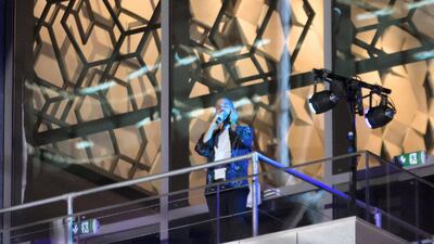 Egyptian singer Abu performing from the balcony on the purpose-built stage.