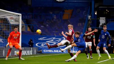 Chelsea's Marcos Alonso scores their side's second goal against Burnley in the Blues' Premier League win at Stamford Bridge on Sunday, January 31. PA