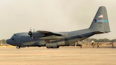 A US military transport aircraft prepares for take-off from Camp Victory, Baghdad as American forces leave Iraq. AFP