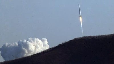 The Korea Space Launch Vehicle (KSLV-I) takes off from its launch pad at the Naro Space Centre in Goheung on Wednesday. Yonhap / AFP