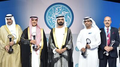Sheikh Mohammed bin Rashid honours the winners of the 14th edition of the Arab Journalism Award in a ceremony at the Arab Media Forum. Wam